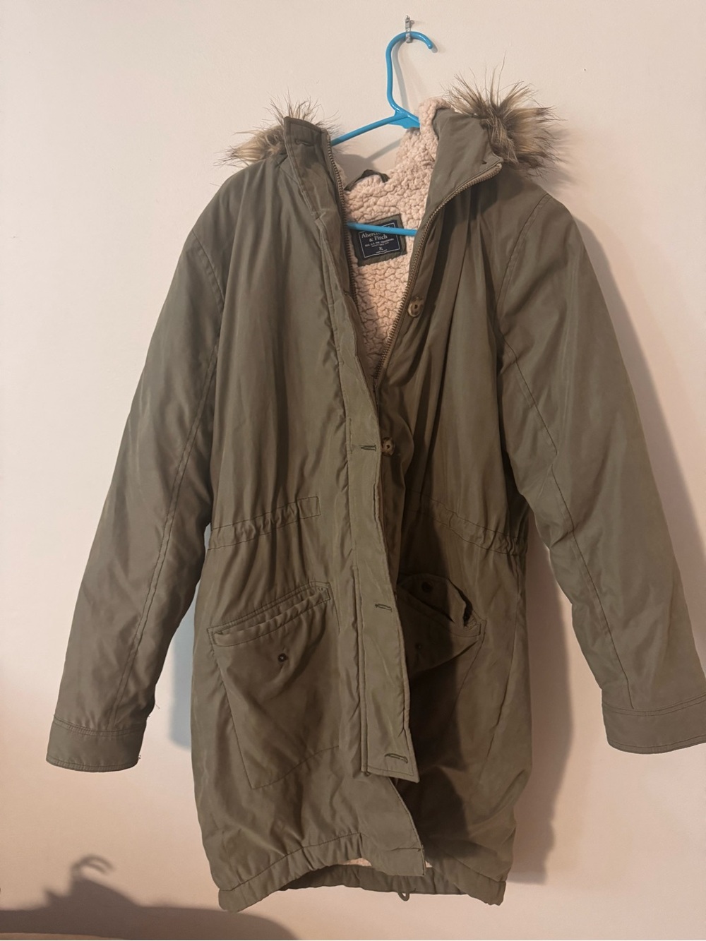 Abercrombie & Fitch Olive Green Kids Hooded Puffer Coat with Faux Fur Trim